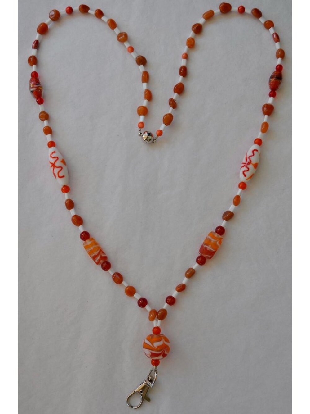 Lanyard ID Holder Orange, White Beads magnetic clasp